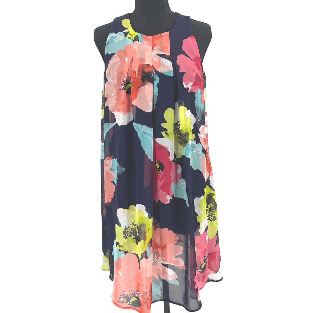 Vince Camuto Dress Womens XS Navy Pink Floral‎ Poly Chiffon Shift Wedding Guest